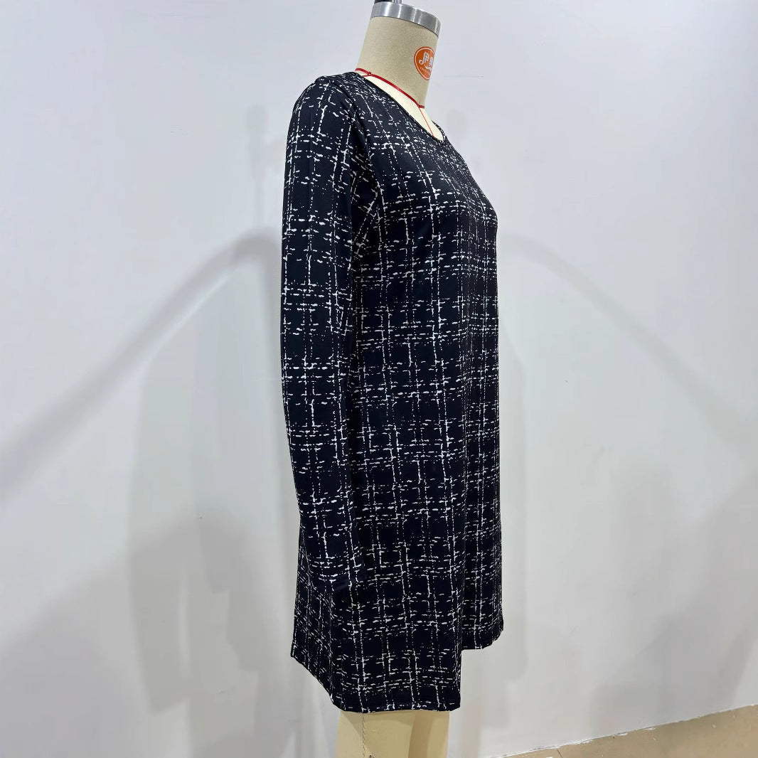 Elegant Plaid Crew Neck Women's Long Sleeve Knitted Dress