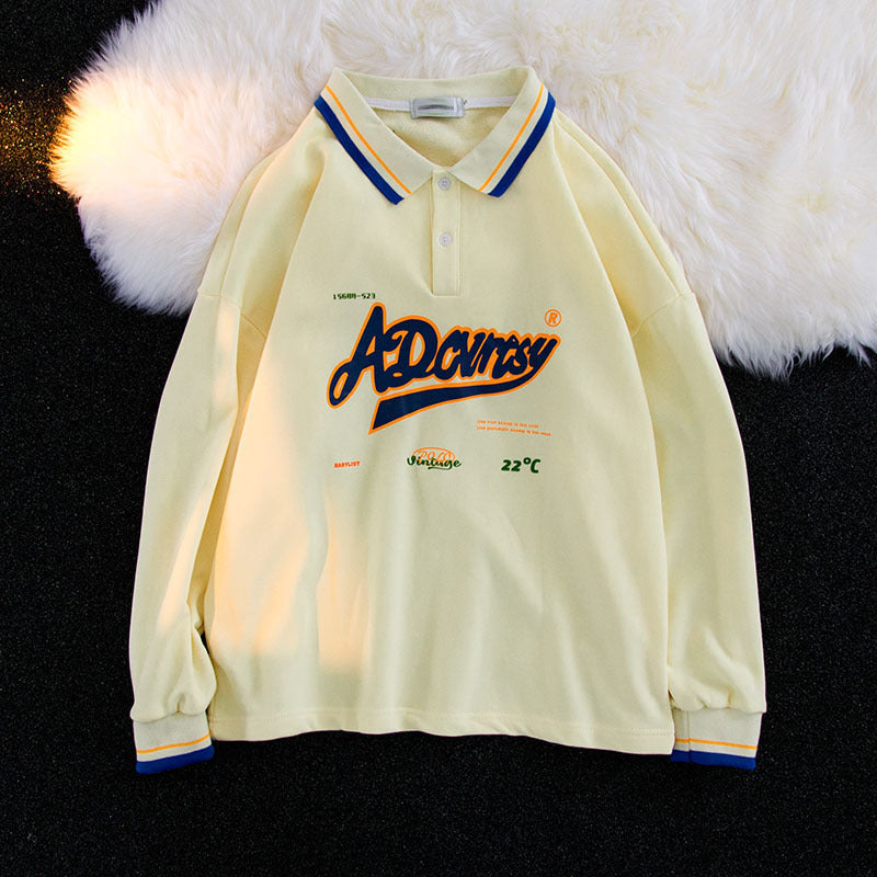 American Retro Alphabet Print Polo Collar Sweater For Men And Women