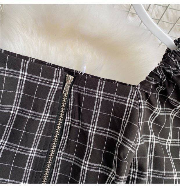 Contrast Color Cutout Knit Sweater Short Plaid Skirt