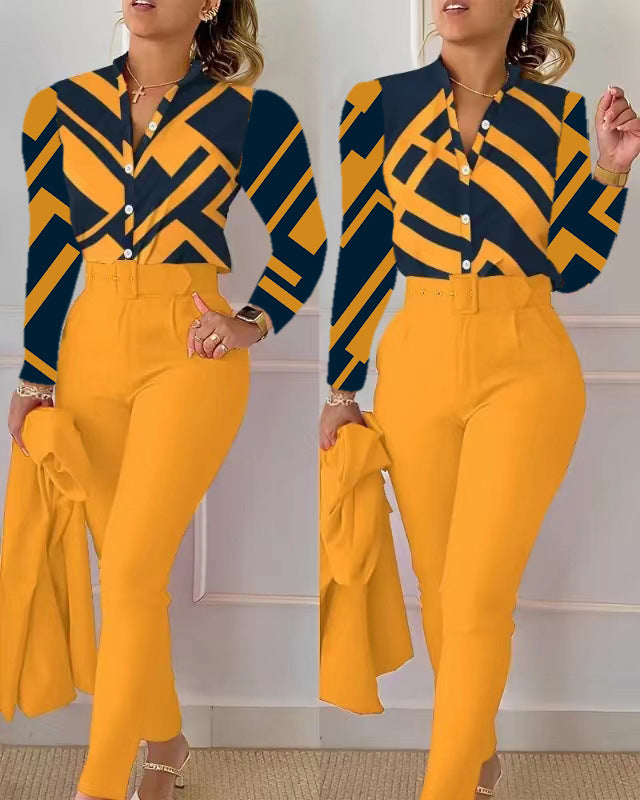 Printed Long-sleeved Top Solid Color Pants Suit With Belt