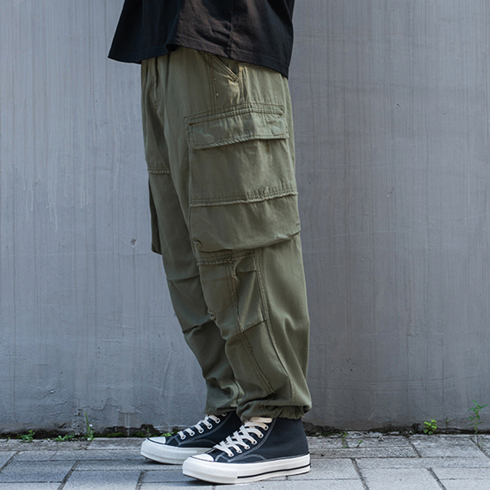 Men's Elastic Waist Loose Straight Multi-pocket Cargo Pants