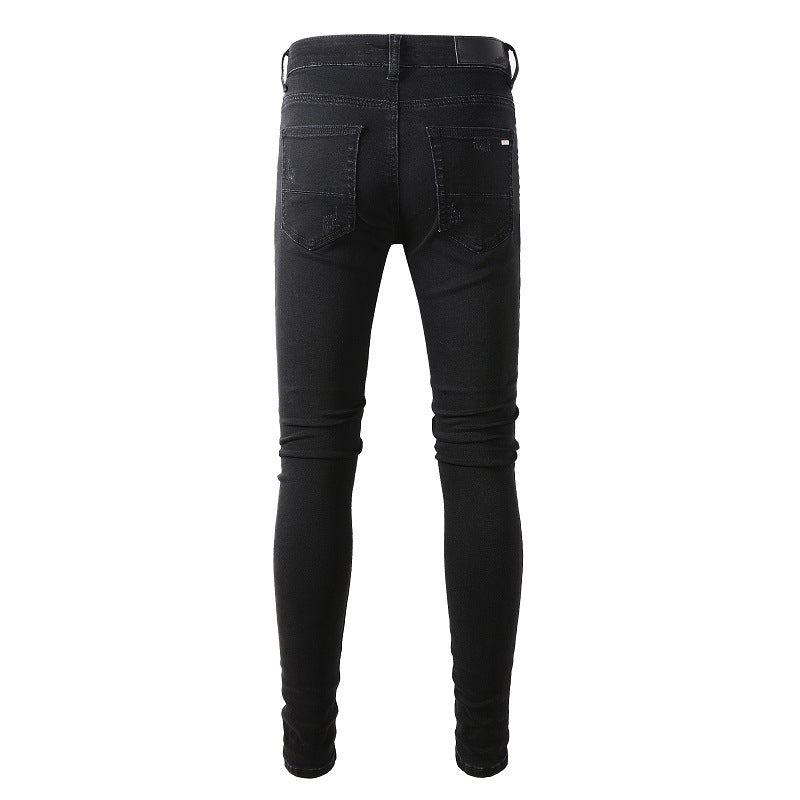 High Street Fashion Brand Black Ripped Patch Jeans Stretch Slim High Street Jeans