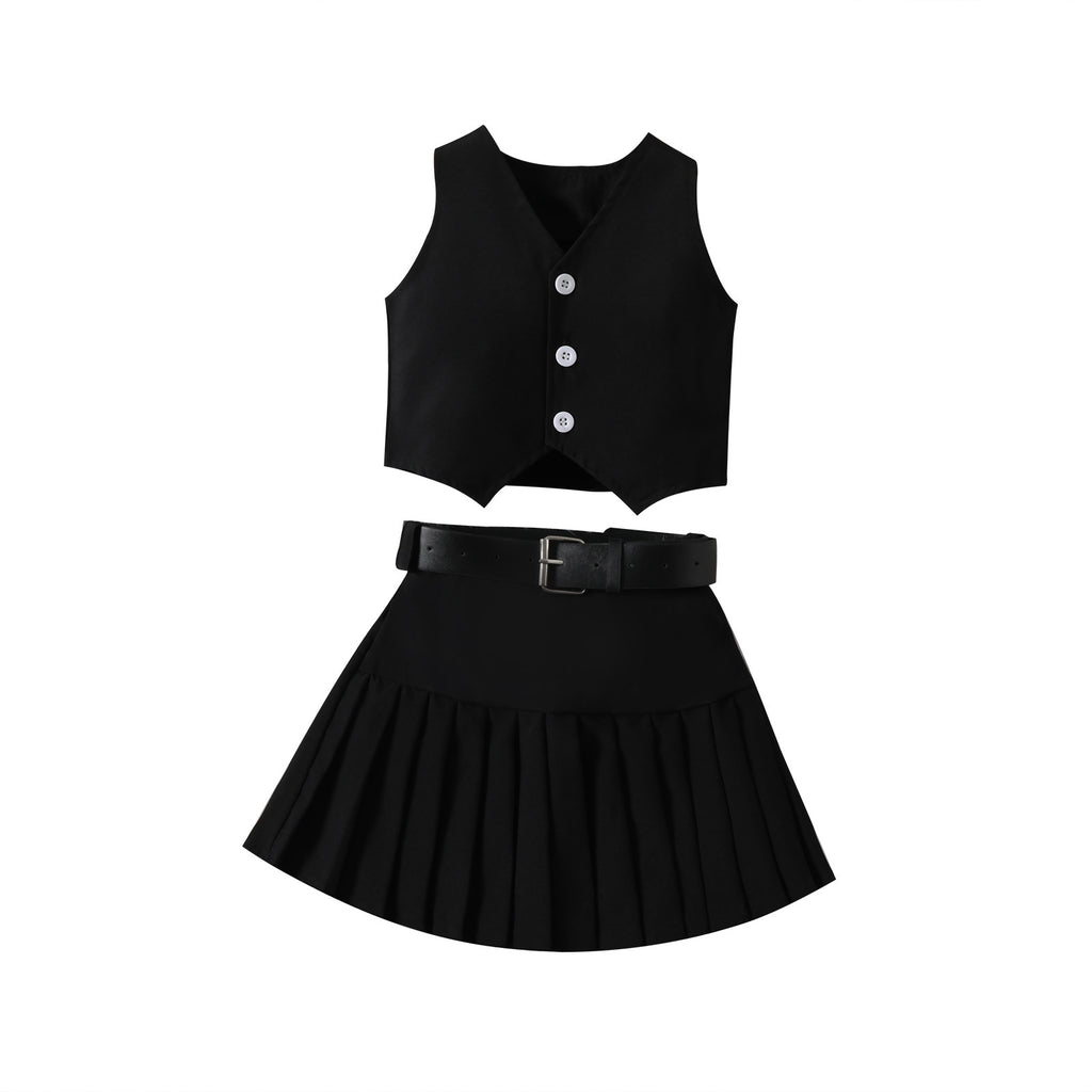 Girls' Fashionable V-neck Solid Color Single-breasted Vest Top Pleated Skirt Belt Three-piece Set