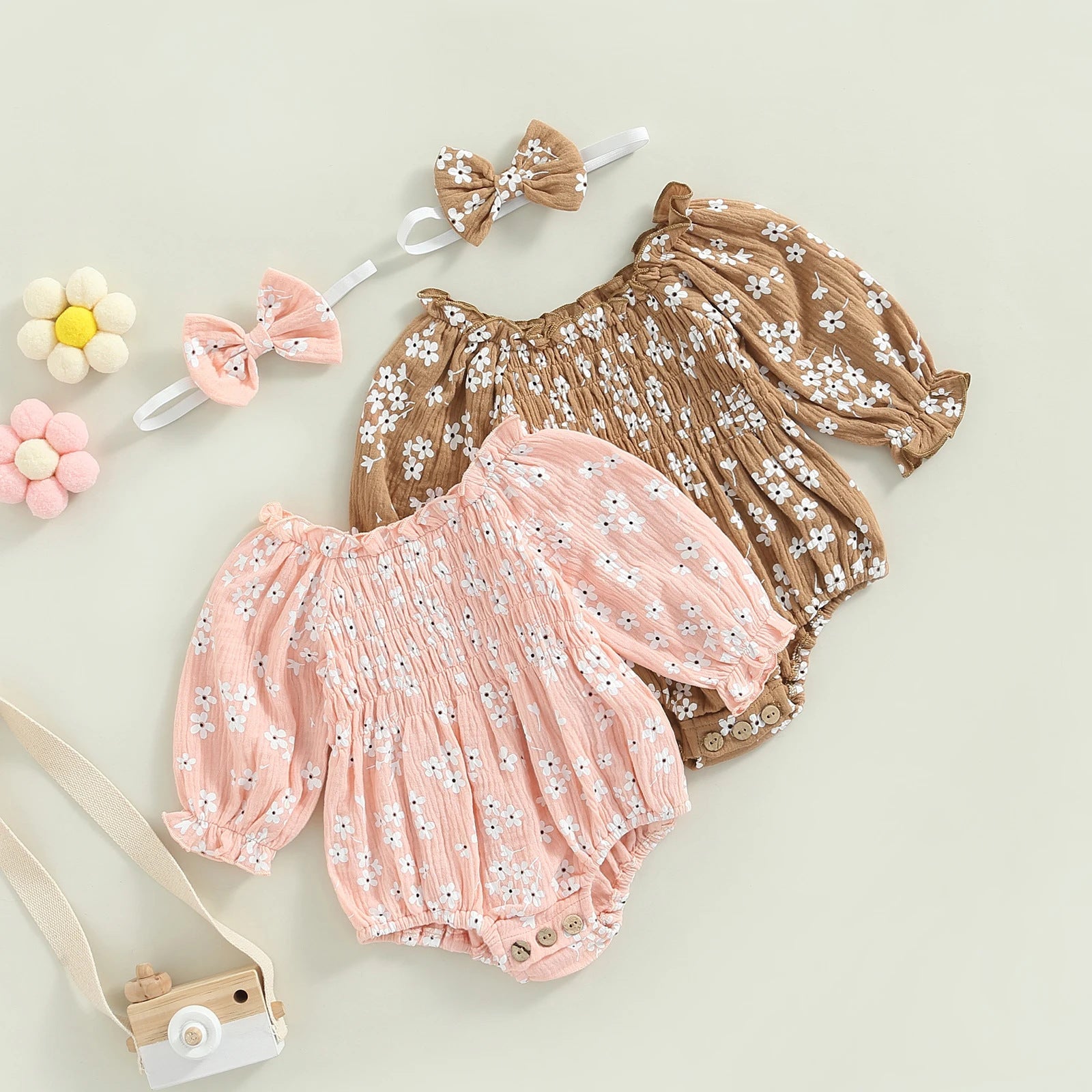 Flowers Full Printed Long-sleeve Jumpsuit Romper Bow Hair Accessories