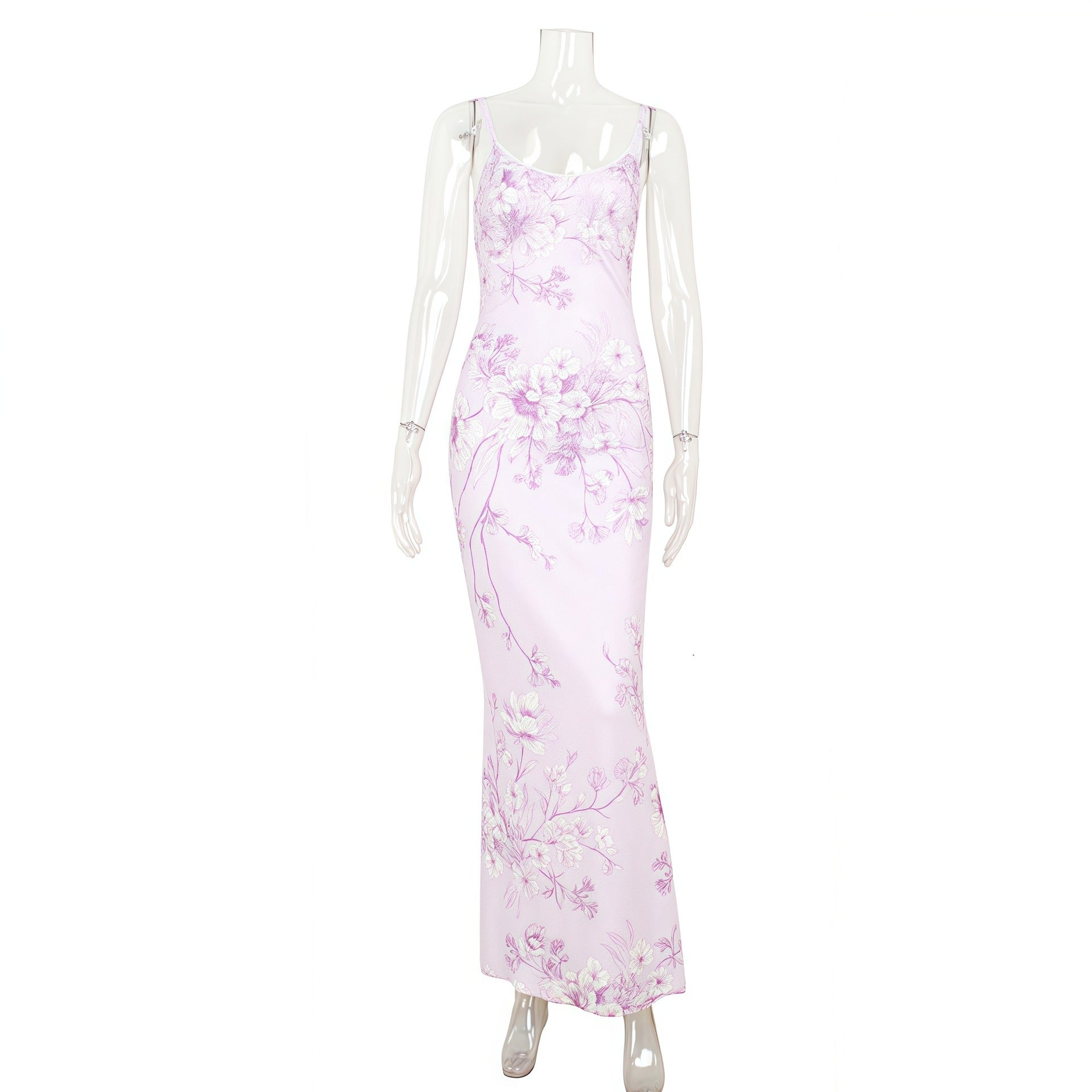 Elegant V-neck Slim-fit Printed Purple Dress Women