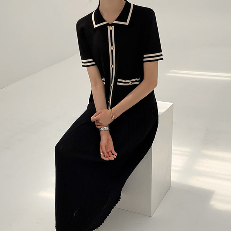 Knitted Dress In Heavy-duty Metal With Lapel Contrast Trim
