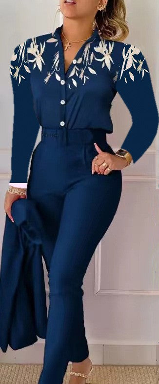 Printed Long-sleeved Top Solid Color Pants Suit With Belt