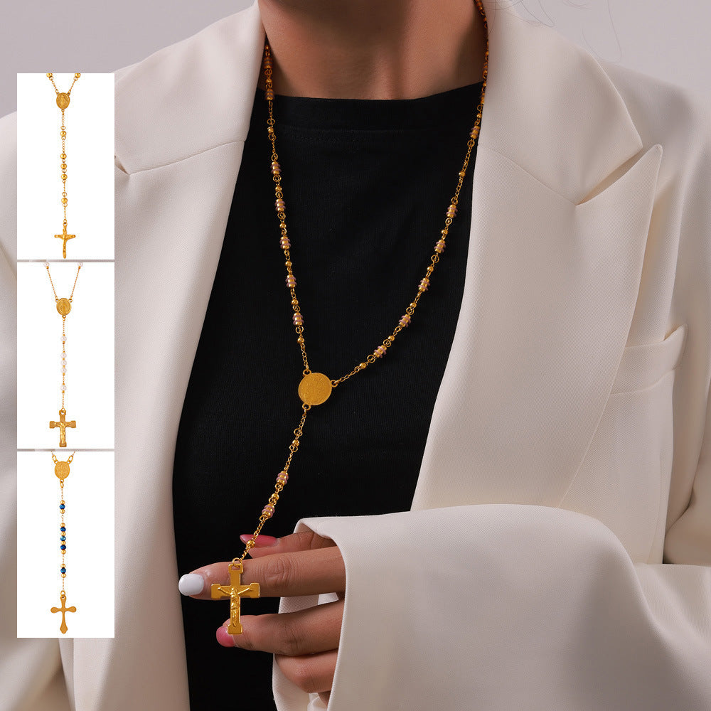 Retro Aloofness Style Personalized Hip Hop Niche Necklace Tassel Cross Pendant Titanium Steel Gold Plated Ornament