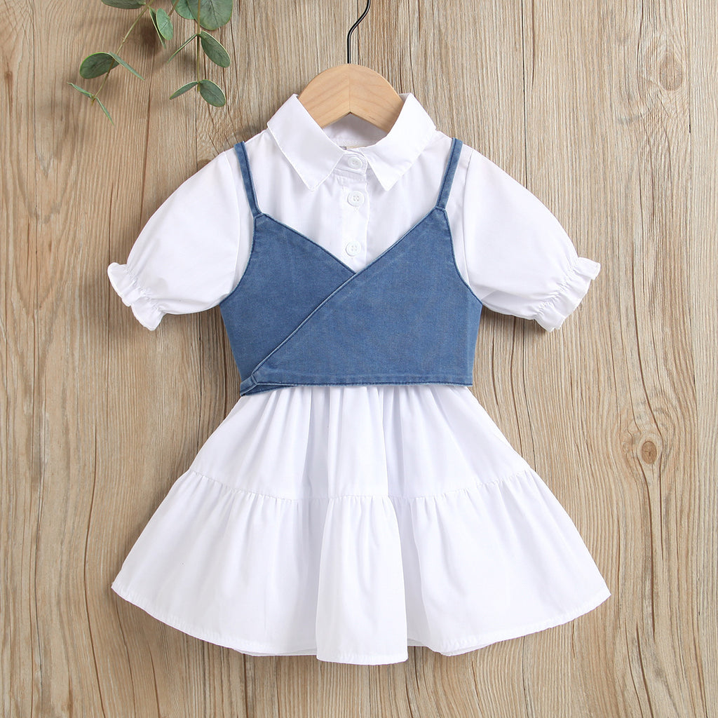 Girls' Style Short-sleeved Stitching Petticoat Lace-up Denim Sling Vest Suit