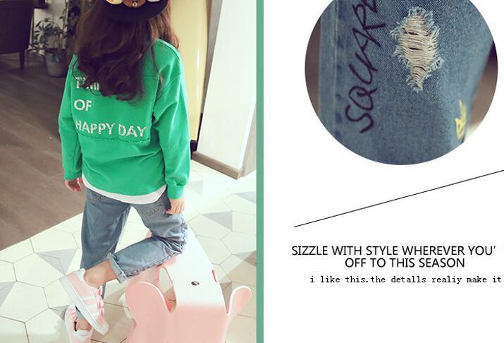 Children's Cartoon Cat Embroidery Washed Denim Trousers