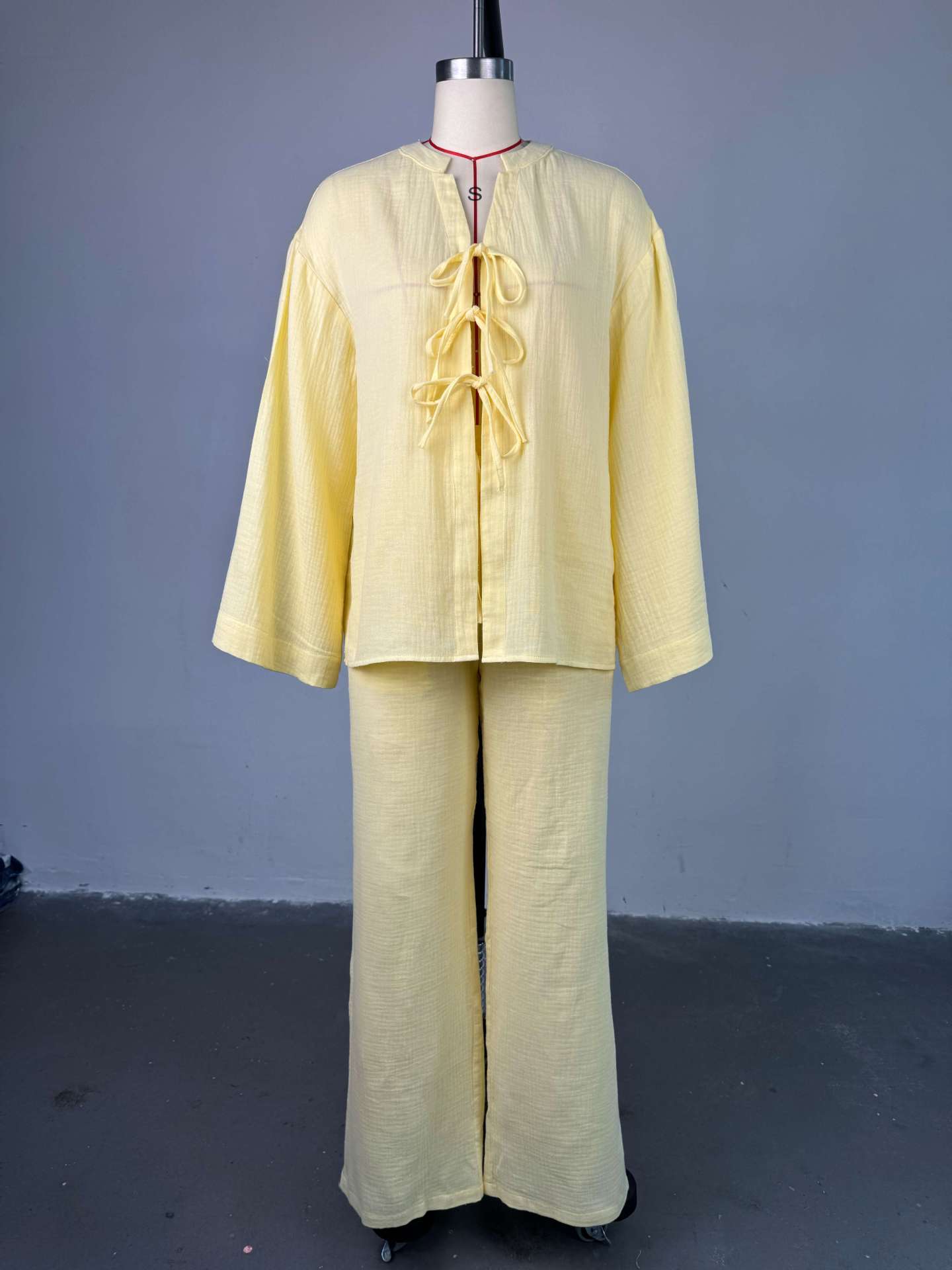 Summer New Solid Color Bow Long Sleeve Shirt Wide Leg Trousers Casual Suit