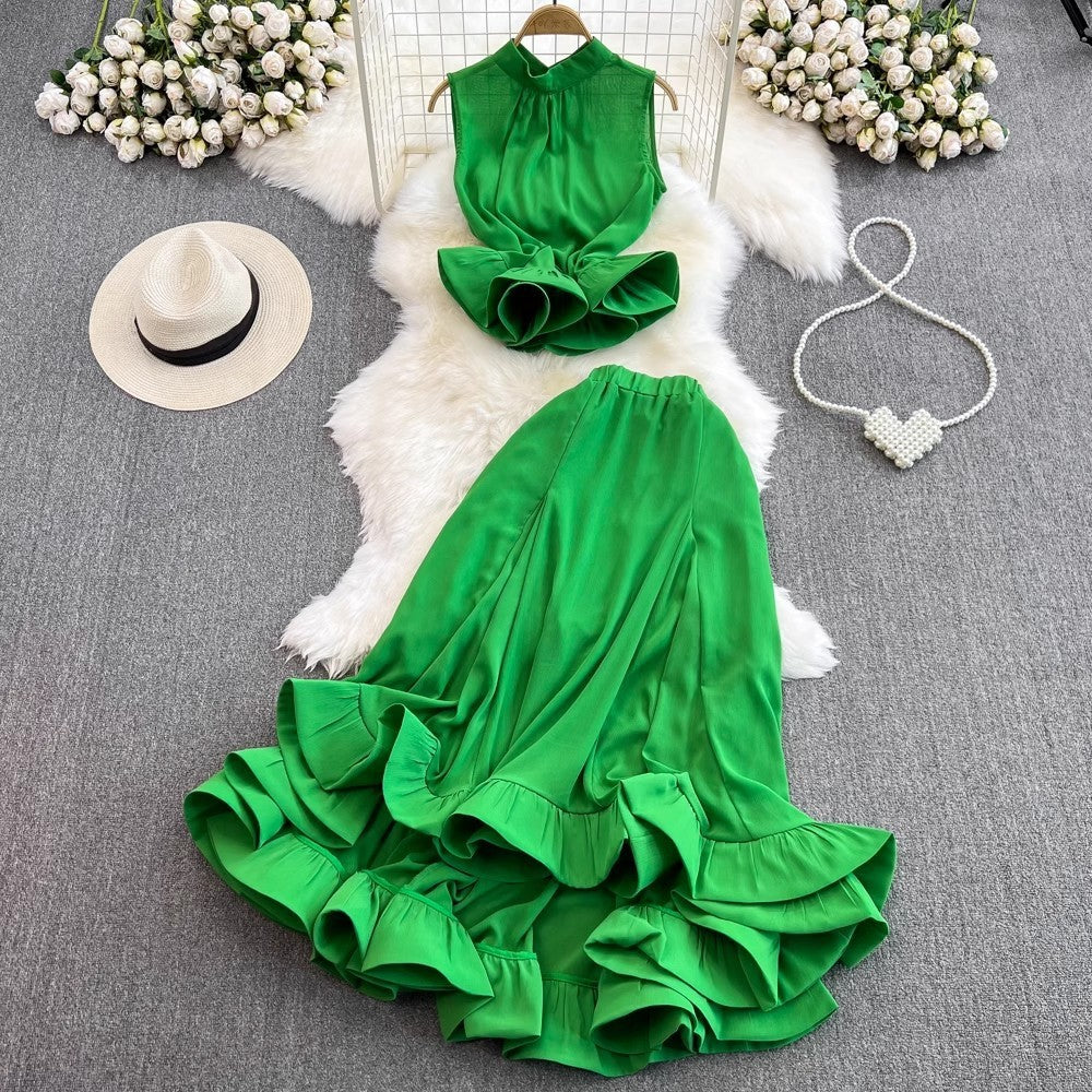 Stand Collar Ruffled Sleeveless Top High Waist Fishtail Skirt Suit