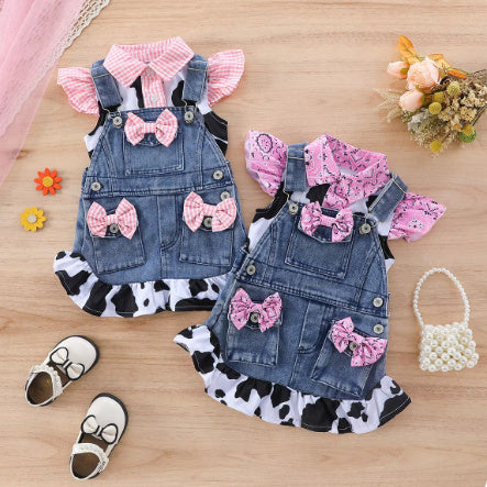 Cow Print Shirt Top Bow Denim Carrier Shorts