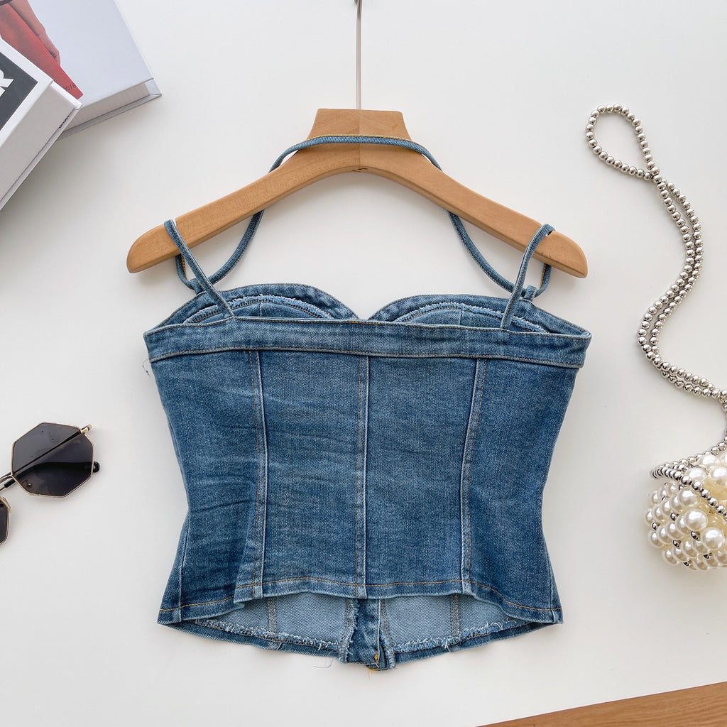 American Retro Hot Girl Wear Design Sense Denim Vest