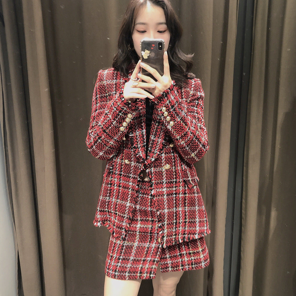 Small Fragrant Tweed Plaid Suit Jacket