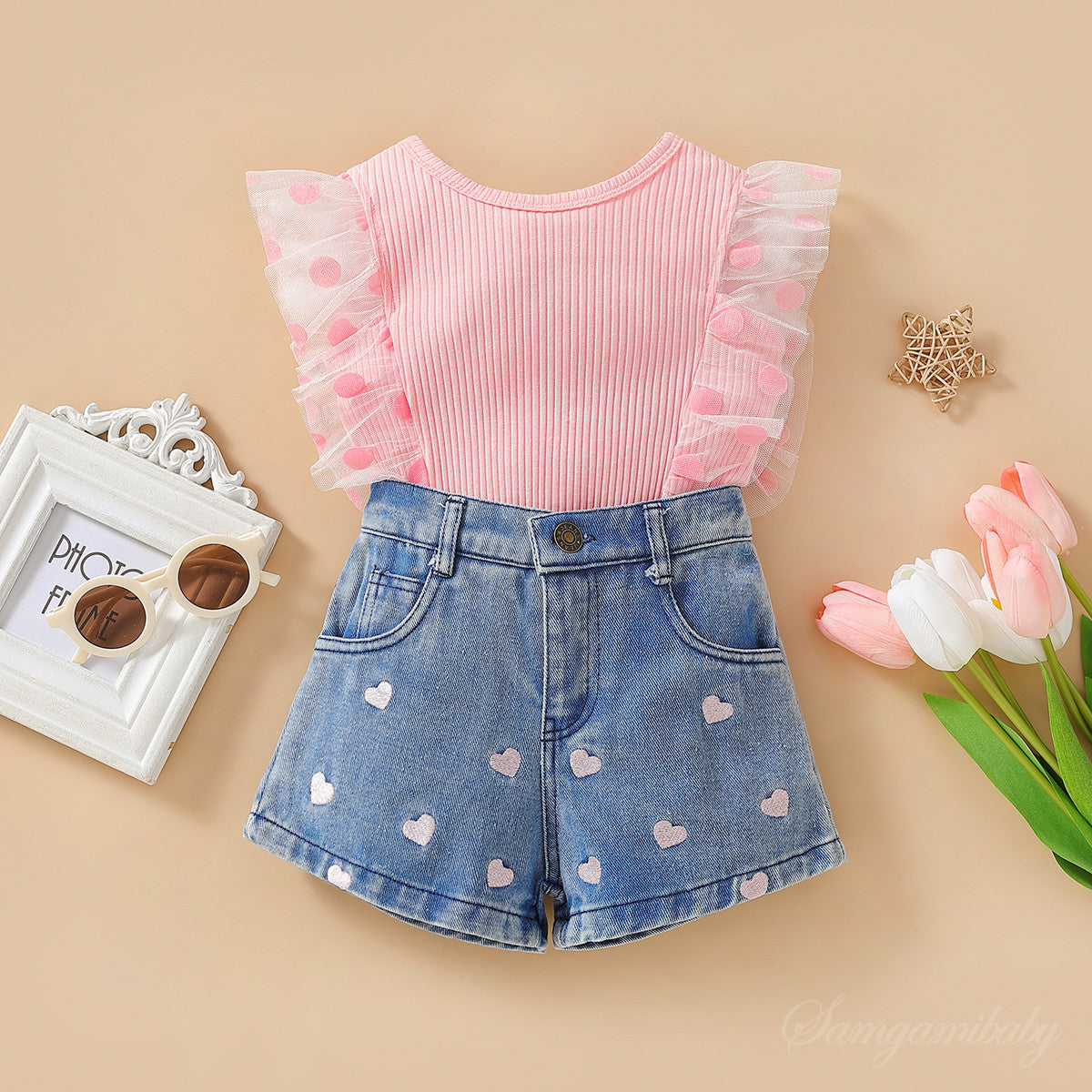 Summer Girls' Suit Polka Dot Mesh Sleeves Denim Shorts