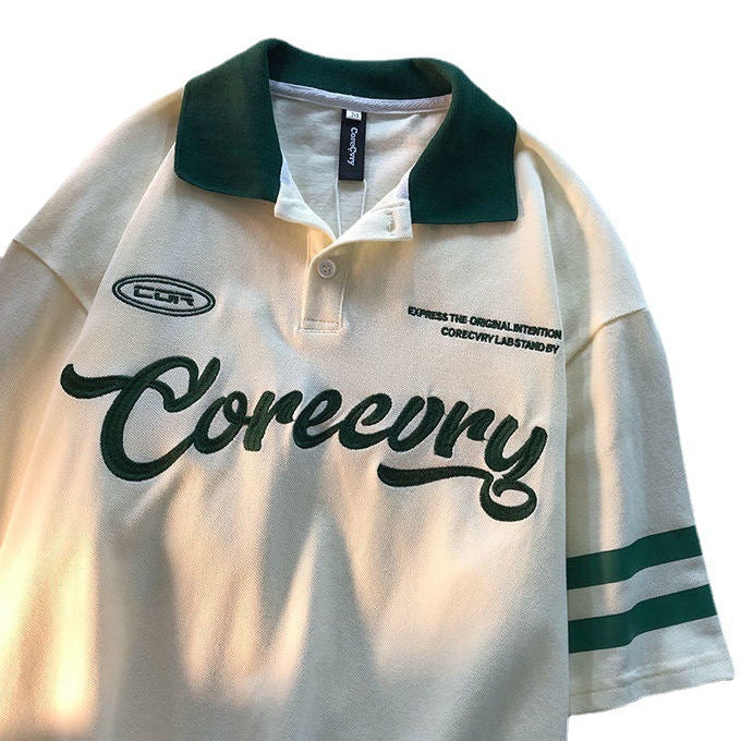 Women Ins Retro Short Sleeve Leisure Hong Kong Style Japanese Style Pu Shuai Lapel Loose Letters