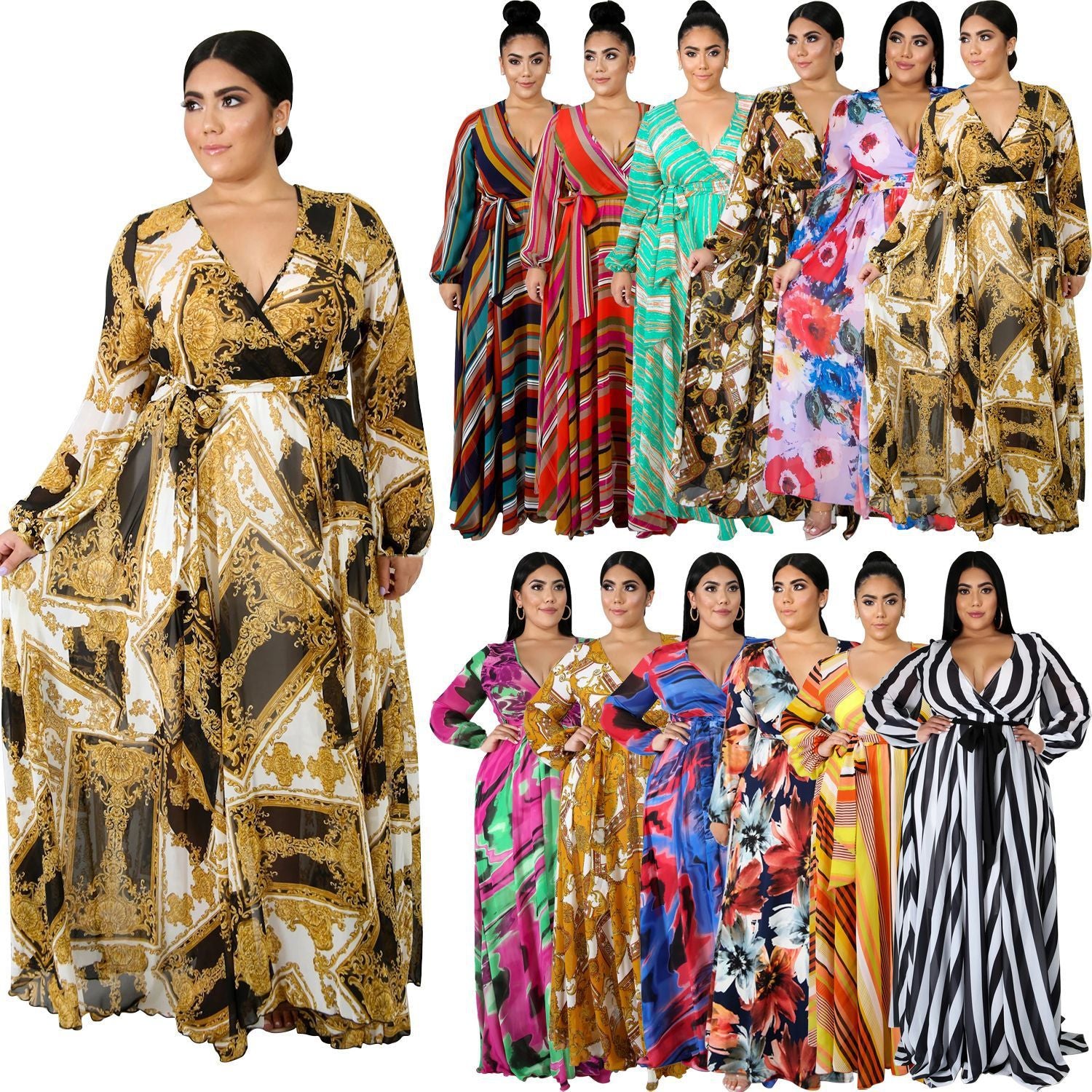 V-neck Long Sleeve Flower Beach Chiffon Dress