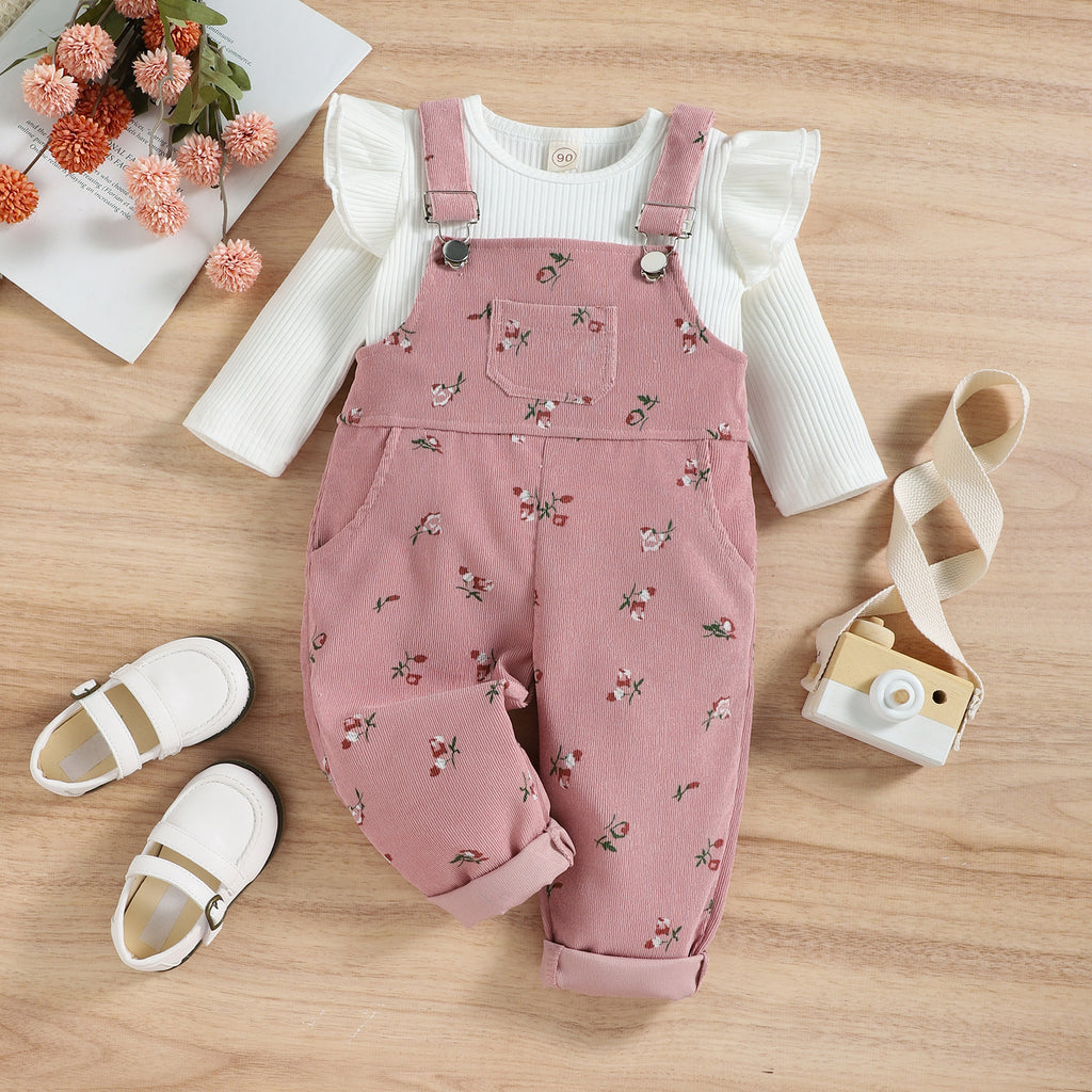 Korean Style Girls' Long-sleeved Bottoming Shirt Printed Corduroy Suspender Trousers Suit