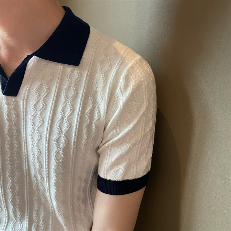Trendy Men's Polo Shirt V Lapel Stretch Jacquard Texture Slim-fit Short-sleeved Knitted Top