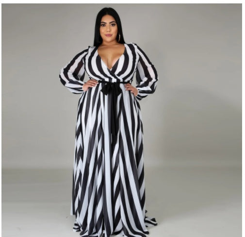 V-neck Long Sleeve Flower Beach Chiffon Dress