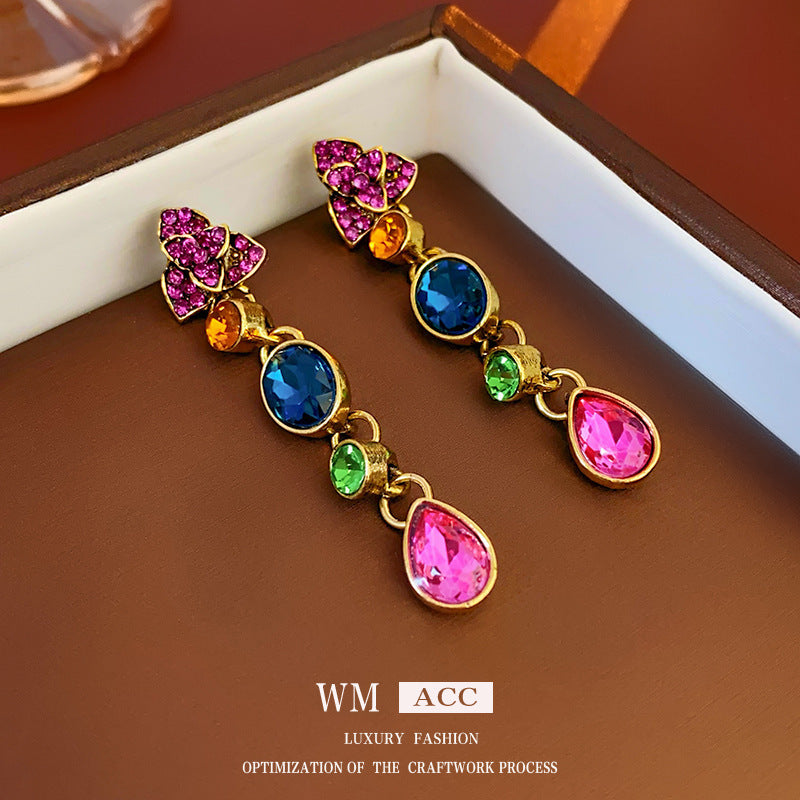Retro High-grade French Color Diamond Water Drop Flower Earrings