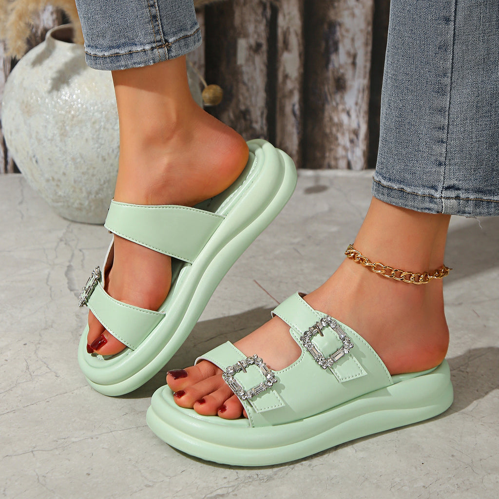 Women's Thick-soled Fashion Double-row Diamond Slippers Vacation Beach Shoes