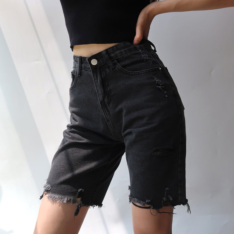 High-waisted slim-cut five-point jeans