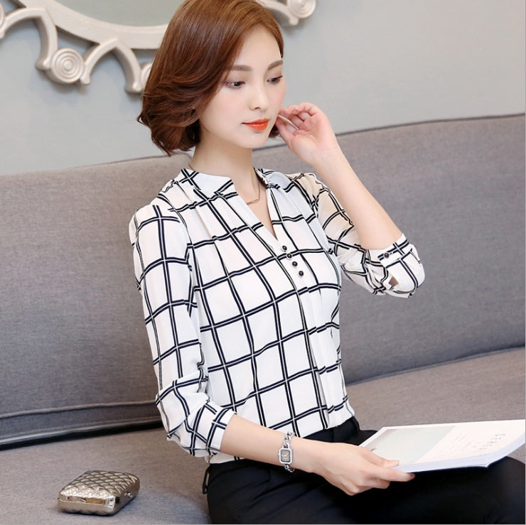 Printed shirt V-neck top Slim long-sleeved chiffon shirt