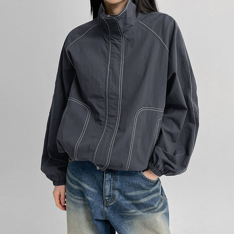Loose fitting high collar outdoor sports jacket