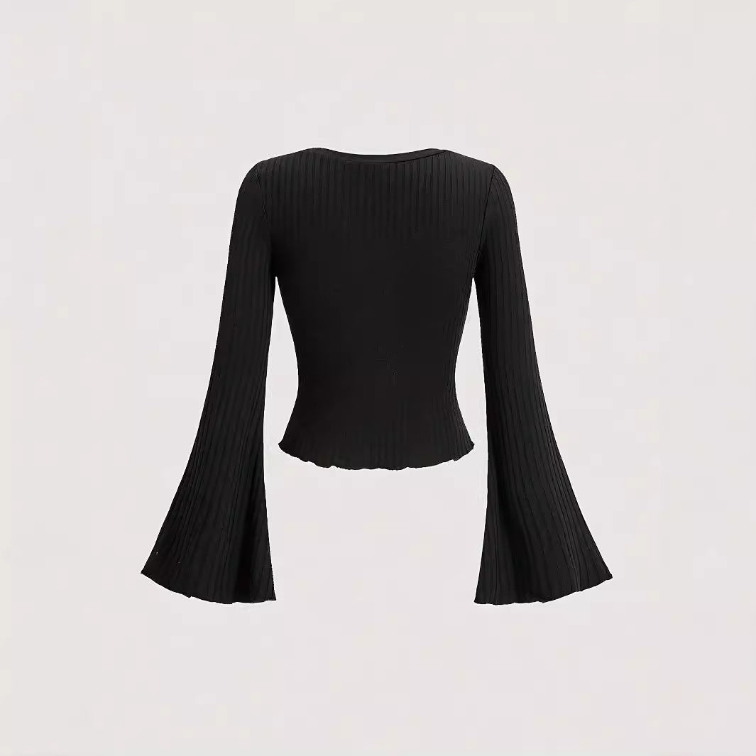 Solid Color Minimalist Bowknot Flare Sleeve T-shirt Slim Fit