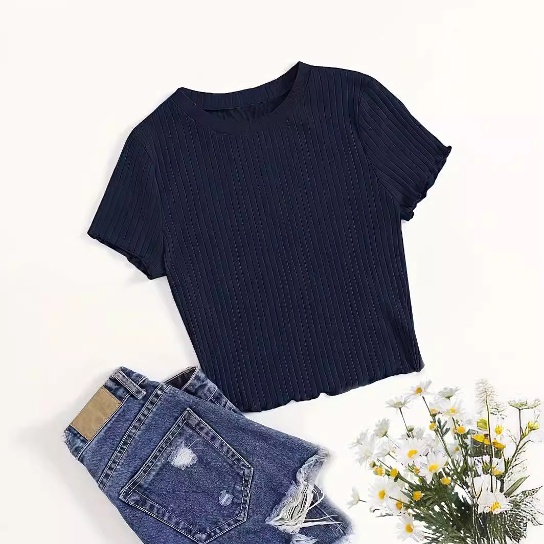 Korean Style Round Neck Wooden Ear Short Top Ins Knitted Inner Match Bottoming Shirt