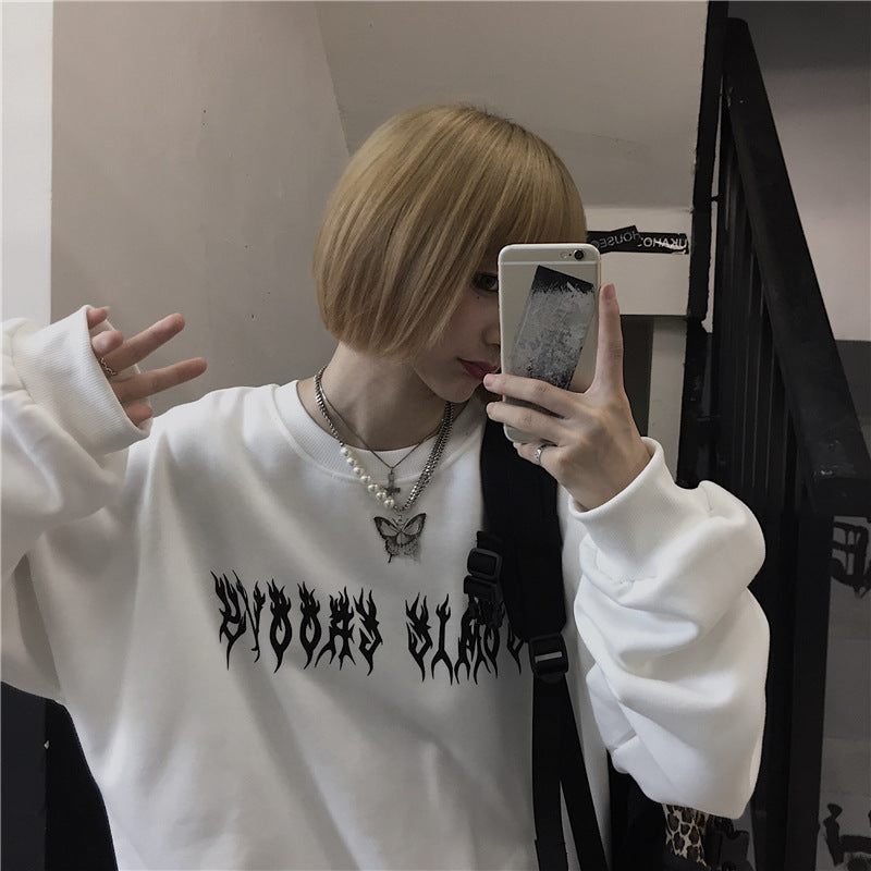 Dark Wings Alphabet Print Crew Neck Fleece Sweatshirt