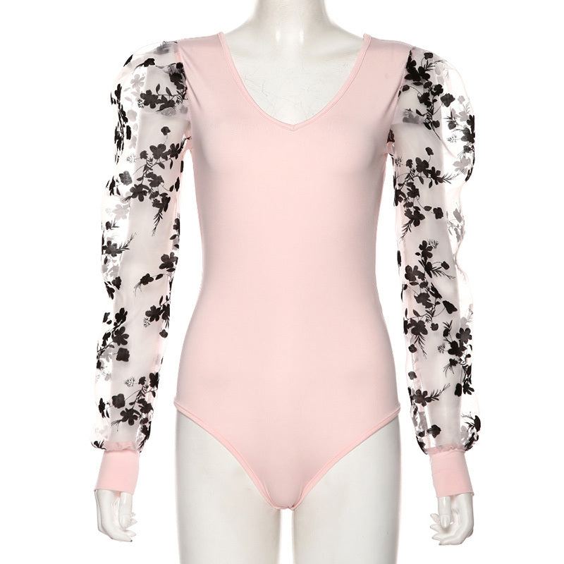 Sexy V-neck floral mesh splicing bottoming shirt