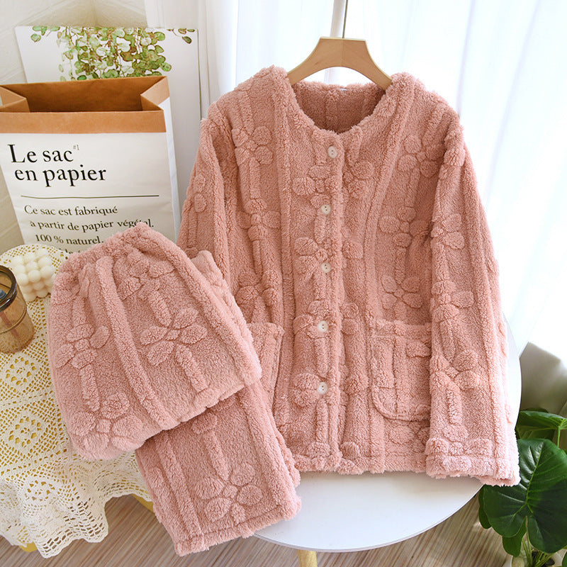 Coral Velvet Pajamas Women's Winter Long Sleeve Thick Solid Color Simple Homewear