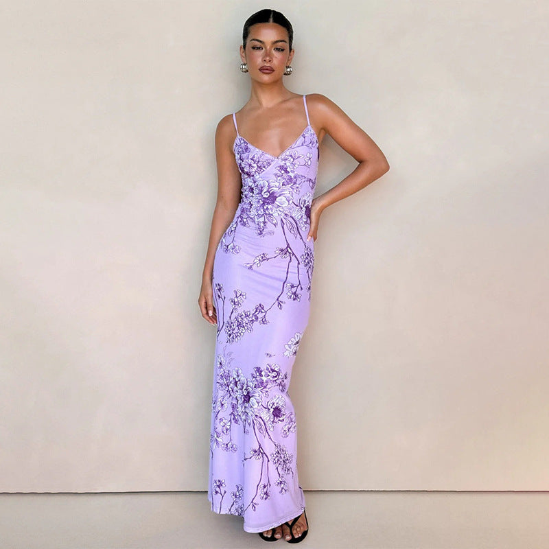 Elegant V-neck Slim-fit Printed Purple Dress Women