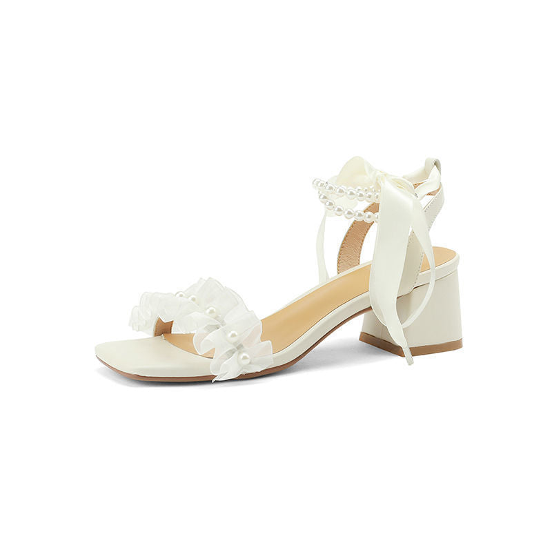 Women's Chunky Heel Pearl Ribbon Sandals