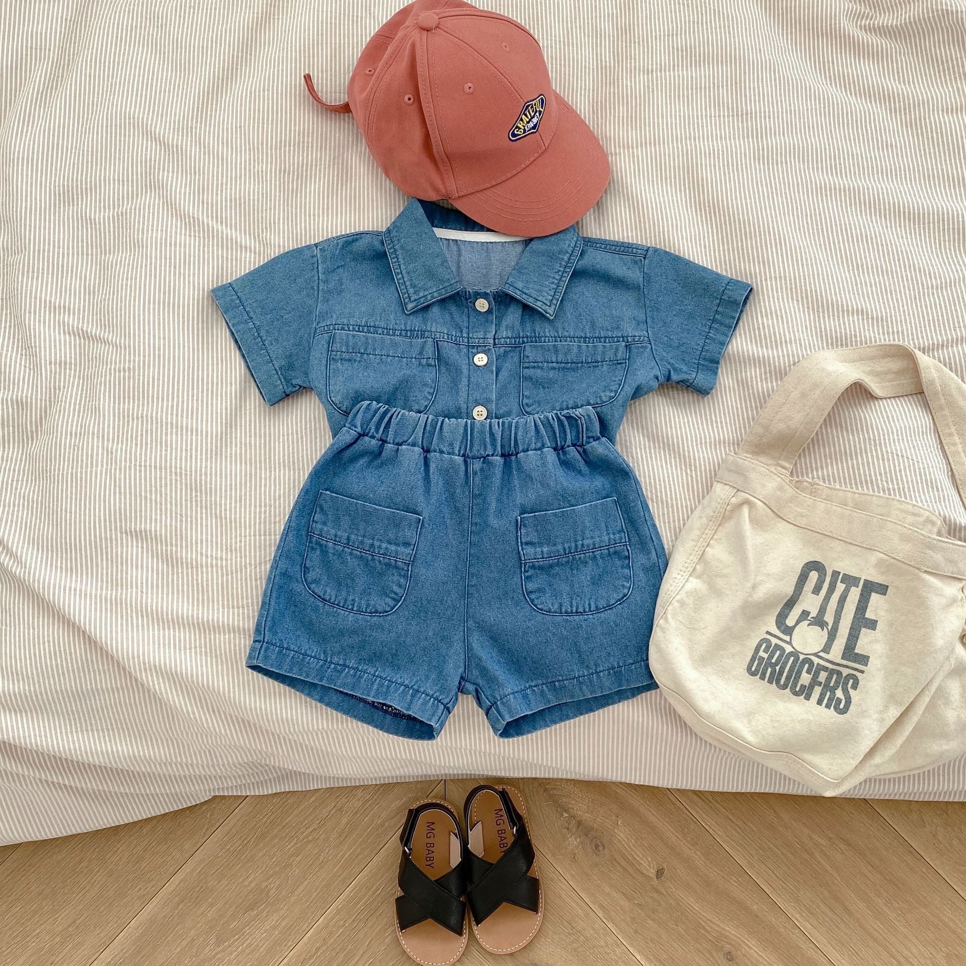 Denim Short Sleeve Pocket Top Boyshorts Baby Boy Suit