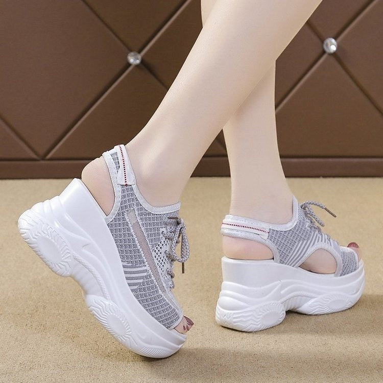 Women's Platform Mesh Surface Breathable Lace-up Wedge Sandals