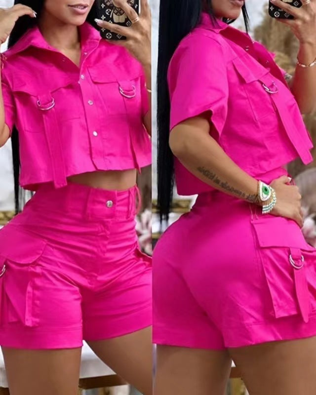 Solid Color Bellows Pocket Pocket Design Overall Suit