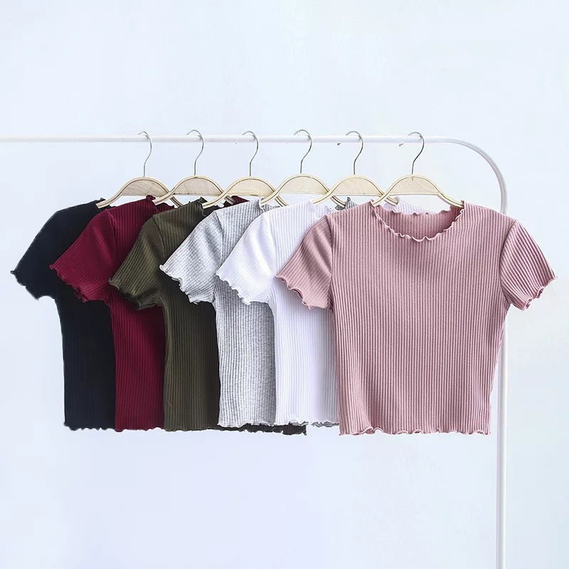 Fashion retro wooden ear slim short-sleeved T-shirt tops women's clothing