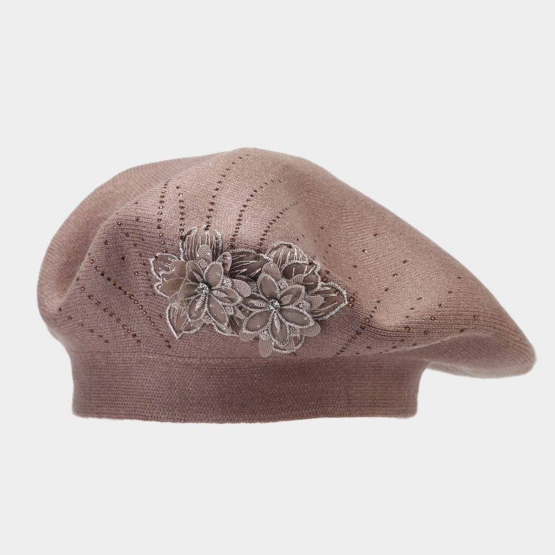 British Retro Beret Women's Fashion Flower Rhinestone Knitted Painting