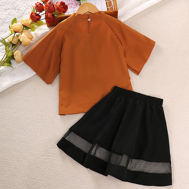 Korean Style Baby Bow Short Sleeve T-shirt Mesh Splicing Skirt Two-piece Set