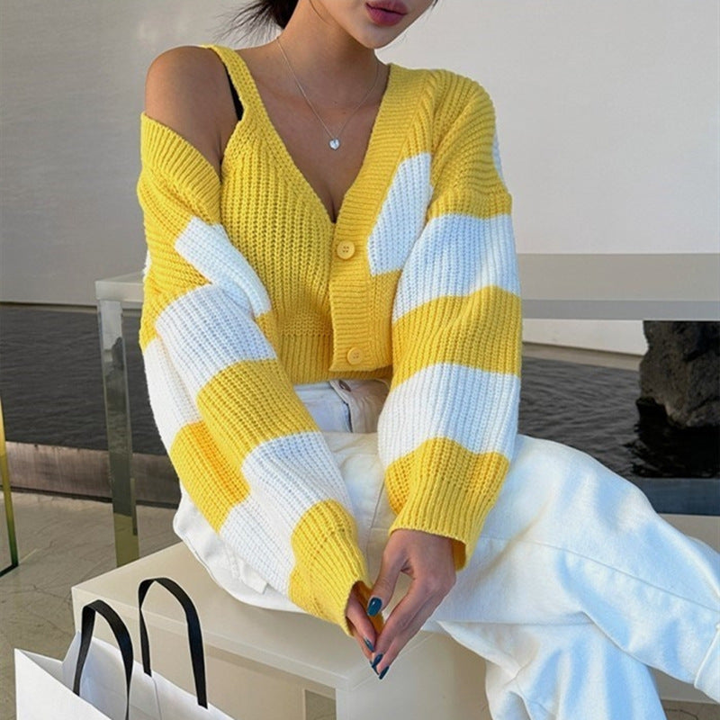 Women's Clothing Two-piece Set Sweater Striped Short Style Fashionable Knitted Suit