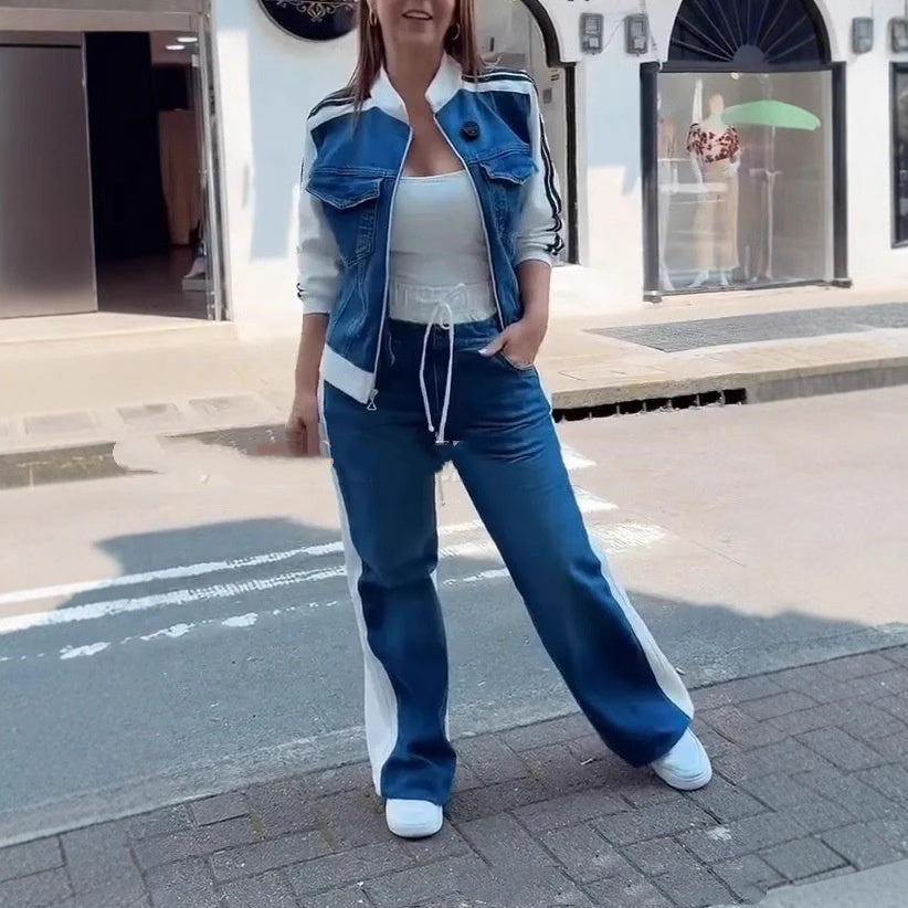 Women's Fashion Denim Stitching Long-sleeve Zipper Two-piece Set