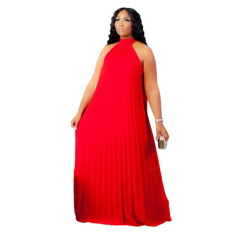 Plus Size Pleated Loose Sleeveless Polyester Dress Women's Including The Lining Cloth