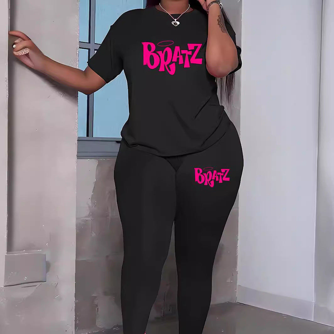 Printed Crew Neck Casual Trousers Short T-shirt Two-piece Set