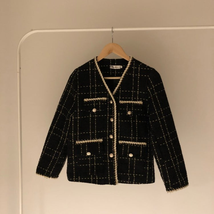 Contrasting Pearl Button Loose Pocket Long Sleeve Tweed Short Coat