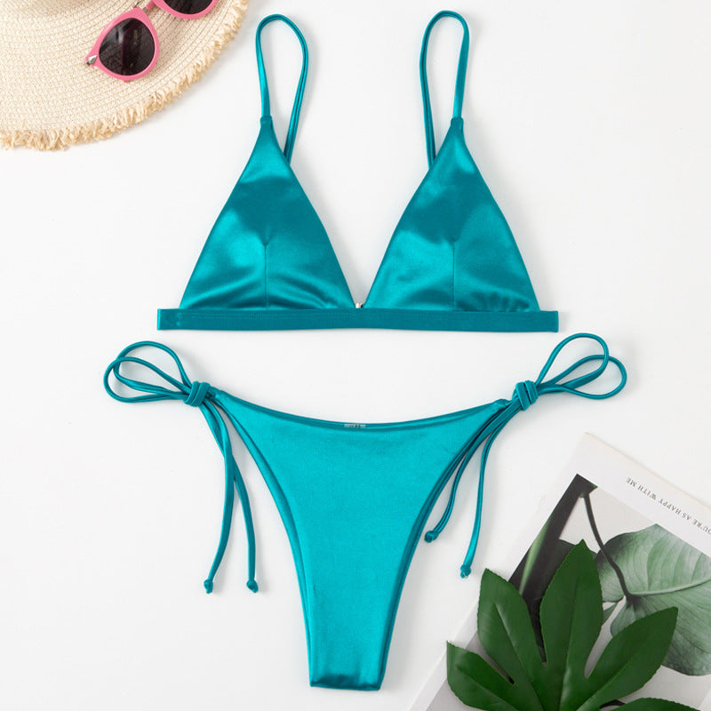 Three-point Bikini With Hanging Neck Solid And Simple Color