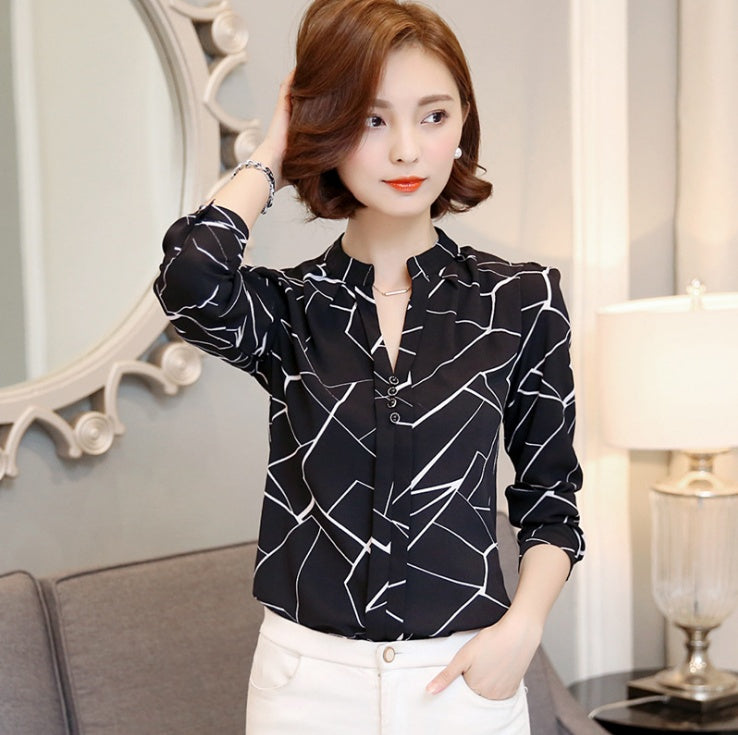 Printed shirt V-neck top Slim long-sleeved chiffon shirt